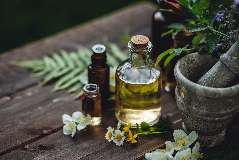 A few bottles of ayurvedic oils used for ayurveda massage