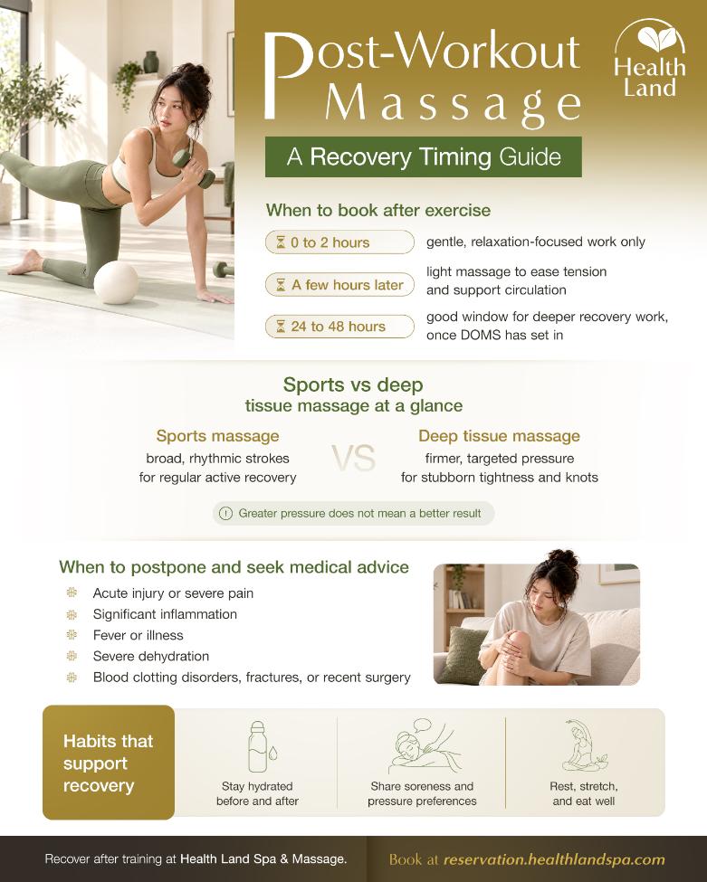 A recovery guide showing post-workout massage timing, massage types, and when to postpone a session